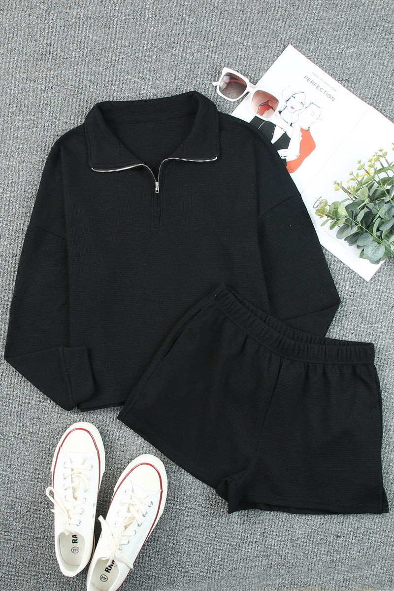 Black Ribbed Zipper Sweatshirt and High Waist Shorts Set