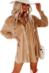 Light French Beige Velvet Button Front Shirt Mini Dress