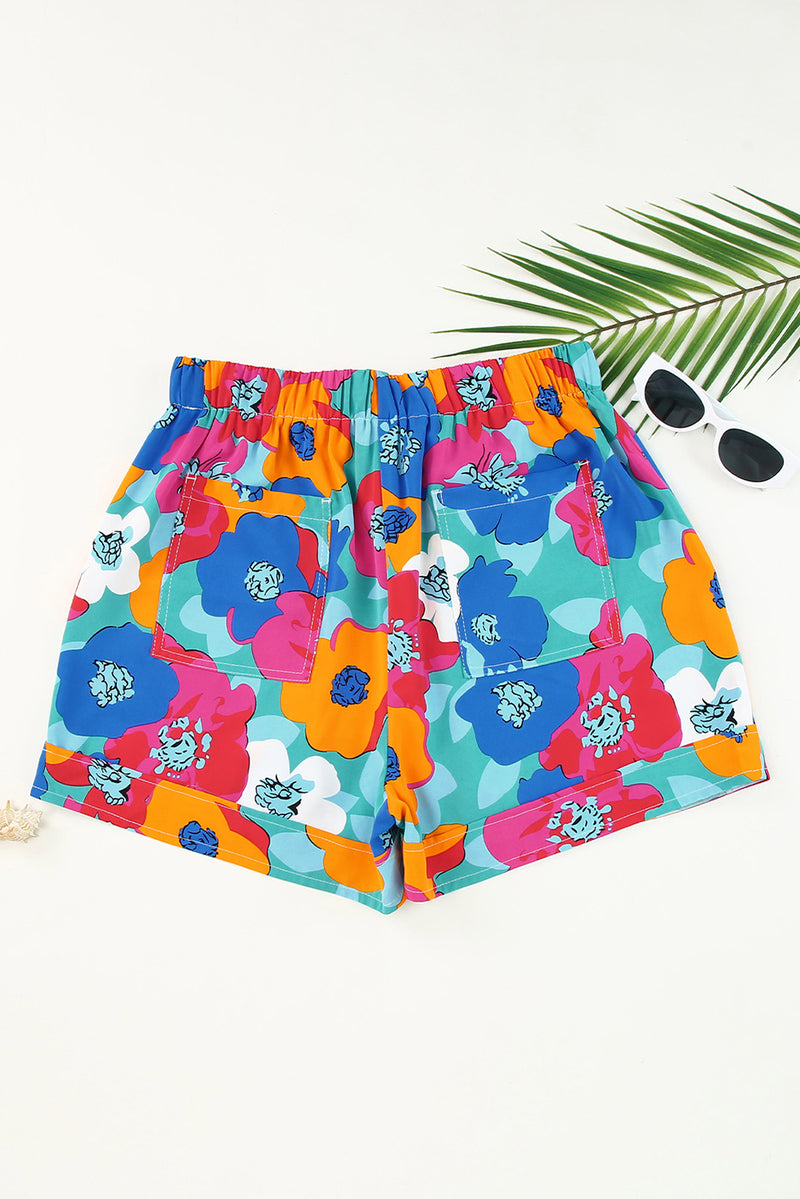 Multicolor Floral Print Drawstring Elastic Waist Casual Shorts