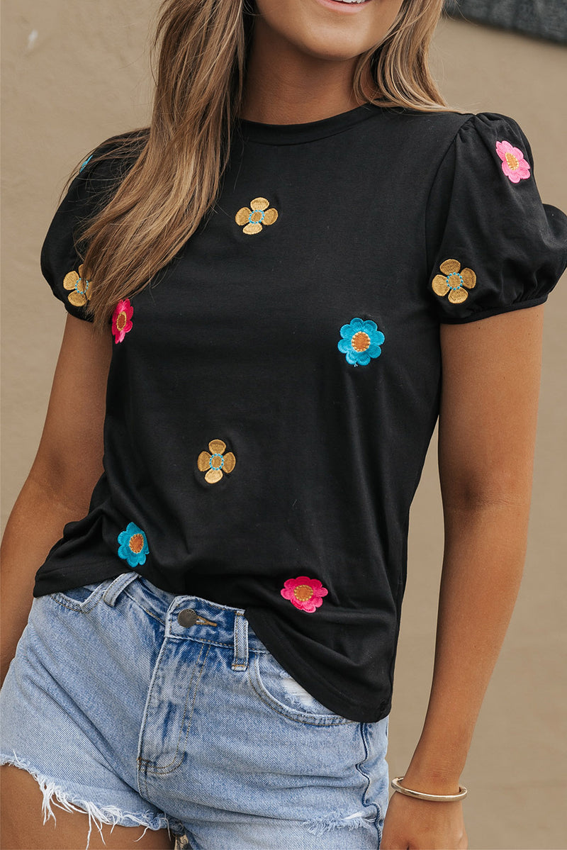 Black Embroidered Flower Short Puff Sleeve Tee