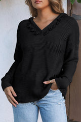 Black V Neck Ribbed Drop Shoulder Hooded Sweater