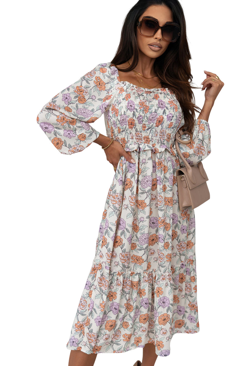 Multicolor Floral Smocked Long Sleeve Pocketed Dress