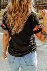 Black Floral Embroidered Round Neck Short Sleeve T Shirt