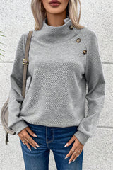 Gray Asymmetric Buttons Detail High Neck Textured Sweatshirt