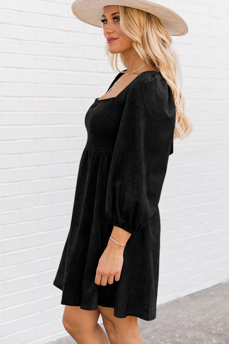 Black Suede Square Neck Puff Sleeve Dress