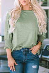 Green Smocked 3/4 Sleeve Casual Loose Top