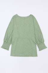 Green Smocked 3/4 Sleeve Casual Loose Top