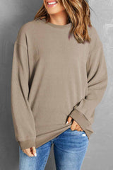 Khaki Solid Ribbed Knit Round Neck Pullover Sweatshirt