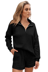 Black Ribbed Zipper Sweatshirt and High Waist Shorts Set