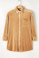 Light French Beige Velvet Button Front Shirt Mini Dress