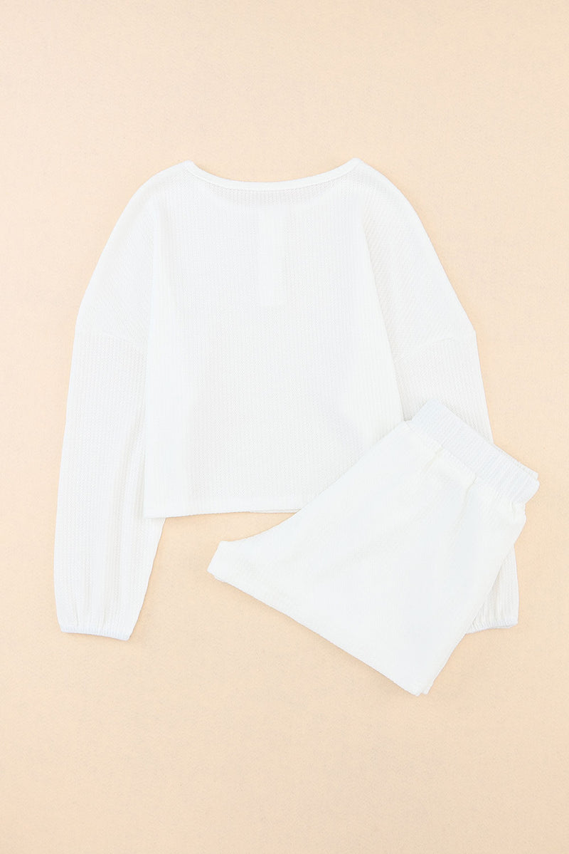 White Waffle Knit Buttoned Long Sleeve Crop and Shorts Lounge Set