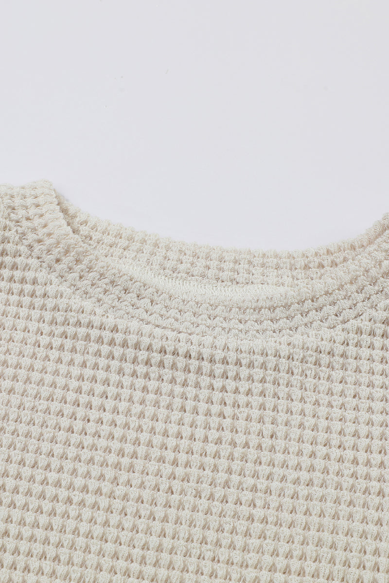 Beige Sunflower Mesh Bubble Sleeve Waffle Knit Top