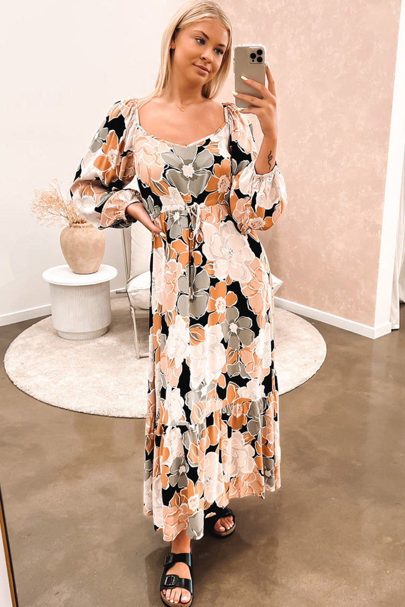 Tie Waist Puff Sleeve Bold Floral Maxi Dress