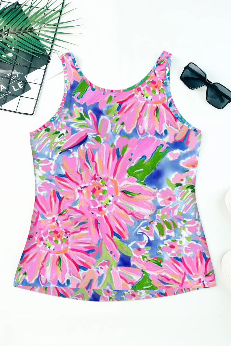 Pink Floral Print Notch Neck Sleeveless Top