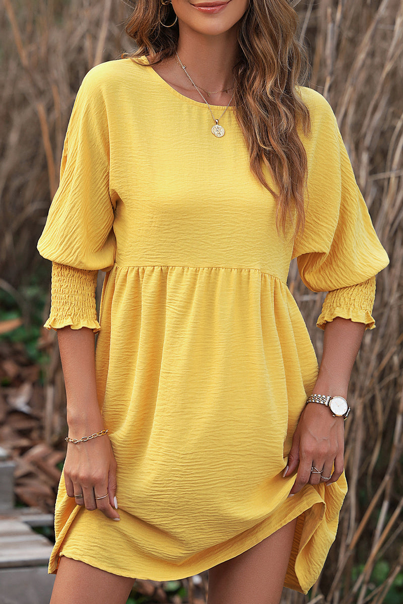 Yellow Solid Shirred Cuffs Short Swing Dress