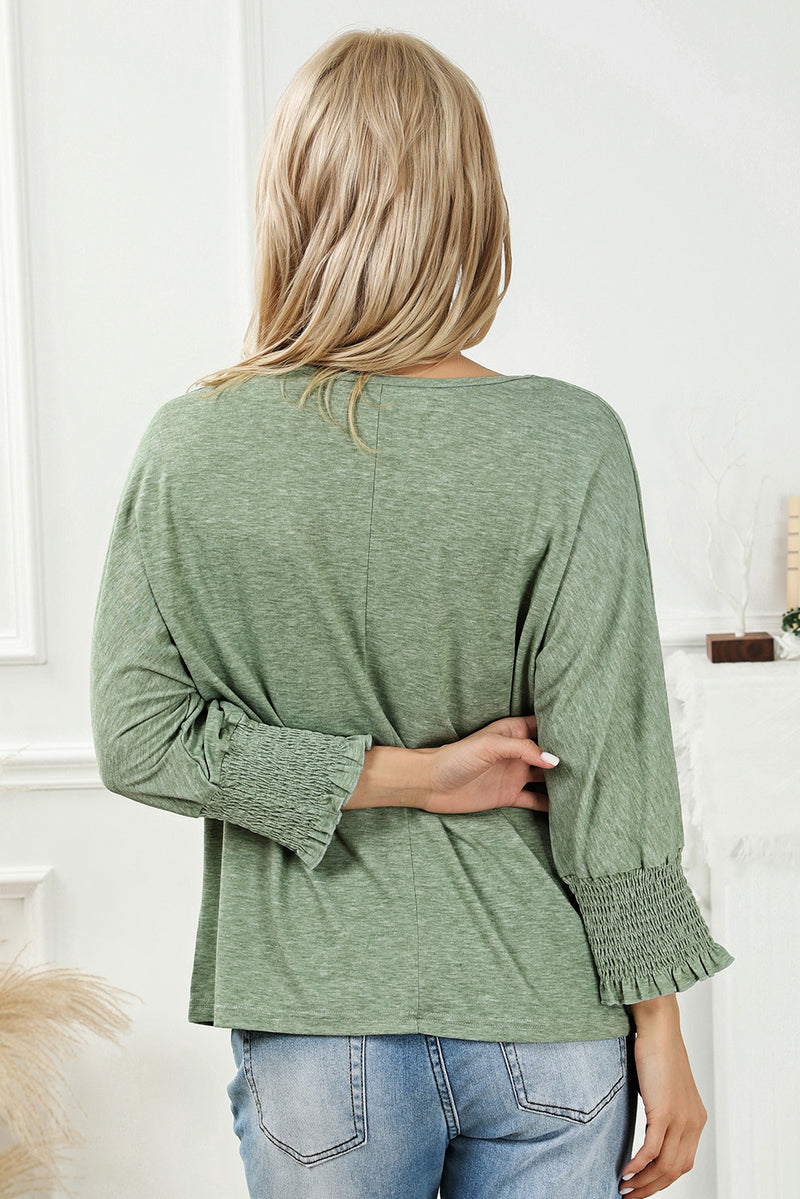 Green Smocked 3/4 Sleeve Casual Loose Top