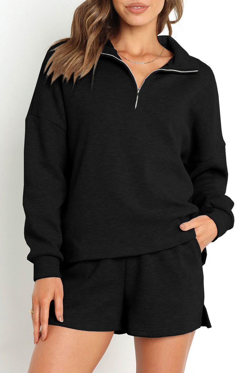 Black Ribbed Zipper Sweatshirt and High Waist Shorts Set