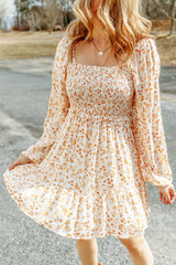 Apricot Boho Floral Smocked Puff Sleeve Mini Dress