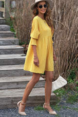 Yellow Solid Shirred Cuffs Short Swing Dress