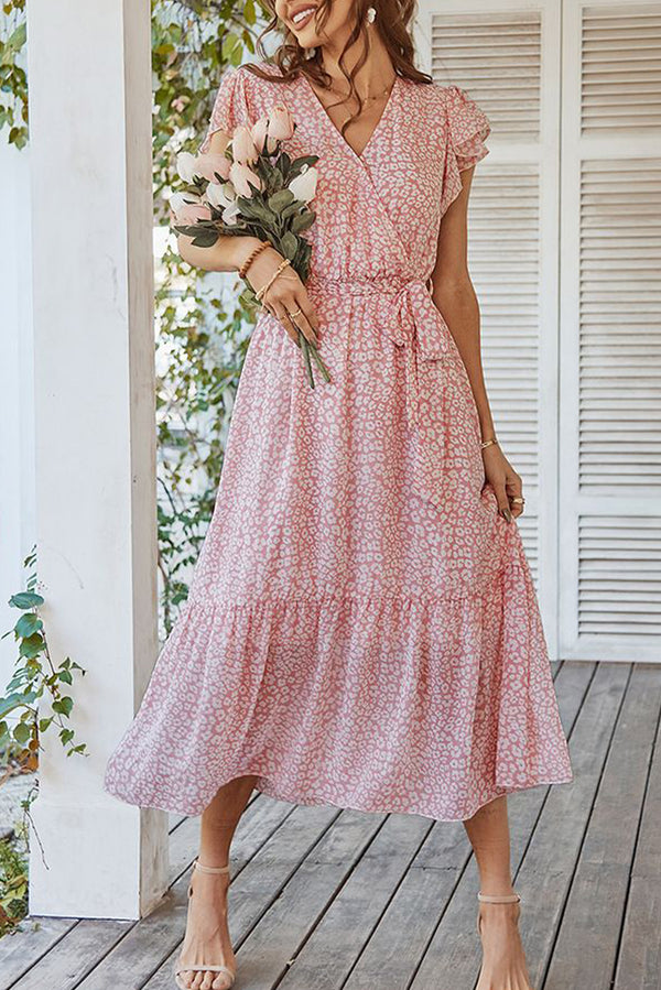 Pink Leopard Surplice Ruffled Sleeve Tiered Long Dress