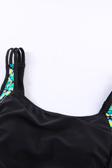 Black Floral Trim Ruched Tummy Control One Piece Swimdress