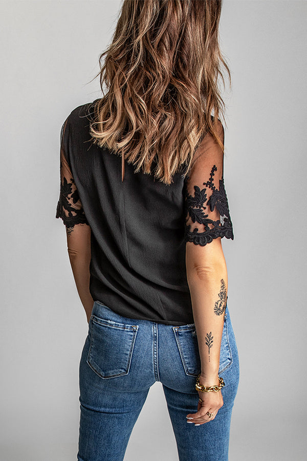 Black Floral Lace Sleeve Patchwork Top