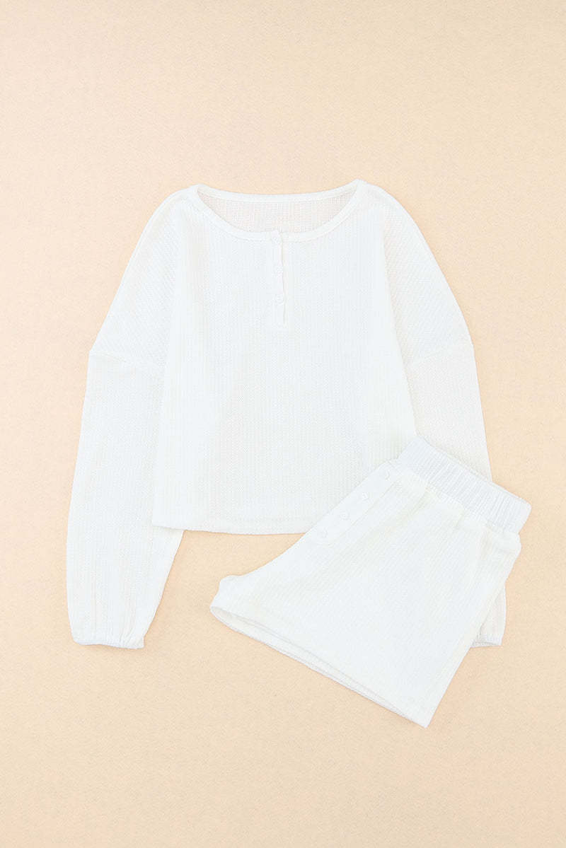 White Waffle Knit Buttoned Long Sleeve Crop and Shorts Lounge Set