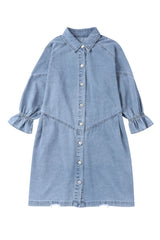 Sky Blue Buttoned Long Sleeve Denim Mini Dress