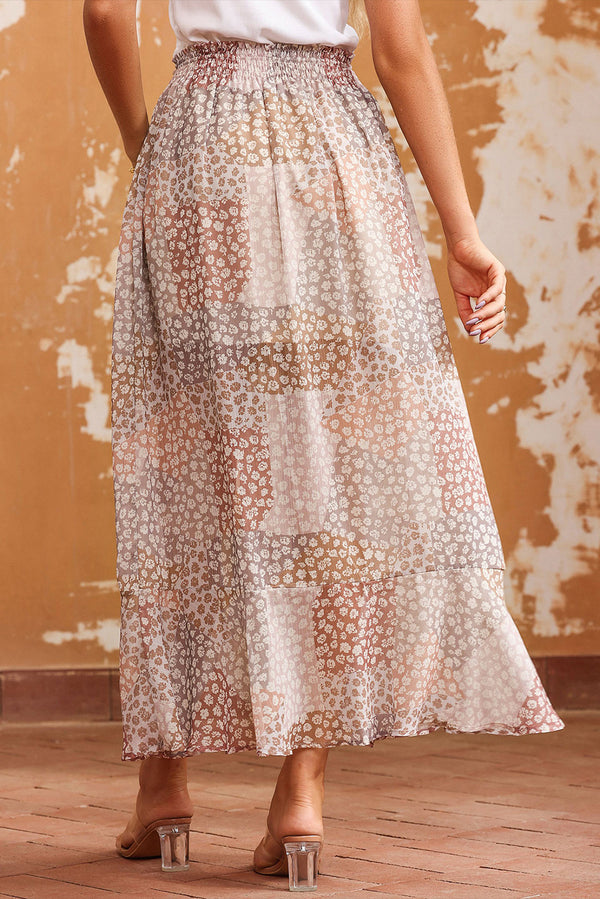 Apricot Boho Flower Print Smocked Waist Button Slit Maxi Skirt