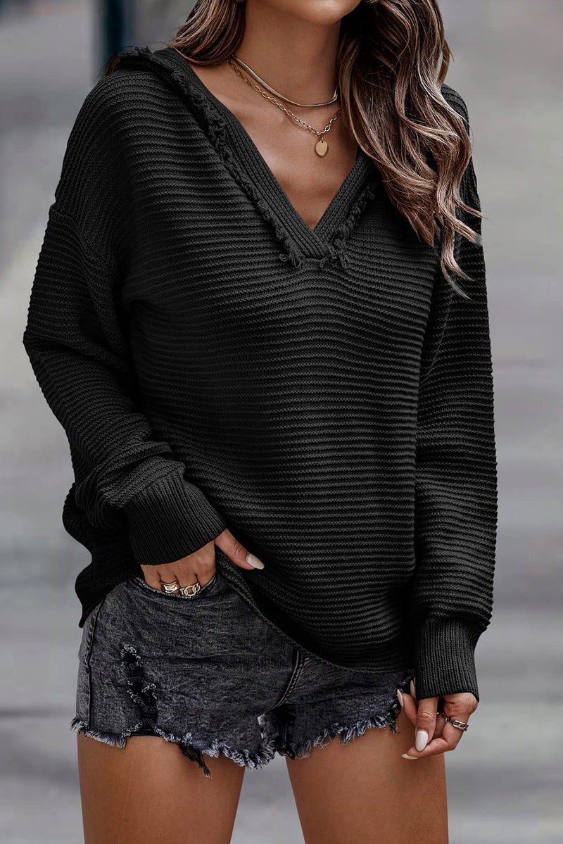 Black V Neck Ribbed Drop Shoulder Hooded Sweater