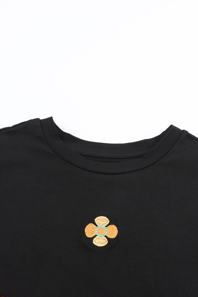 Black Embroidered Flower Short Puff Sleeve Tee