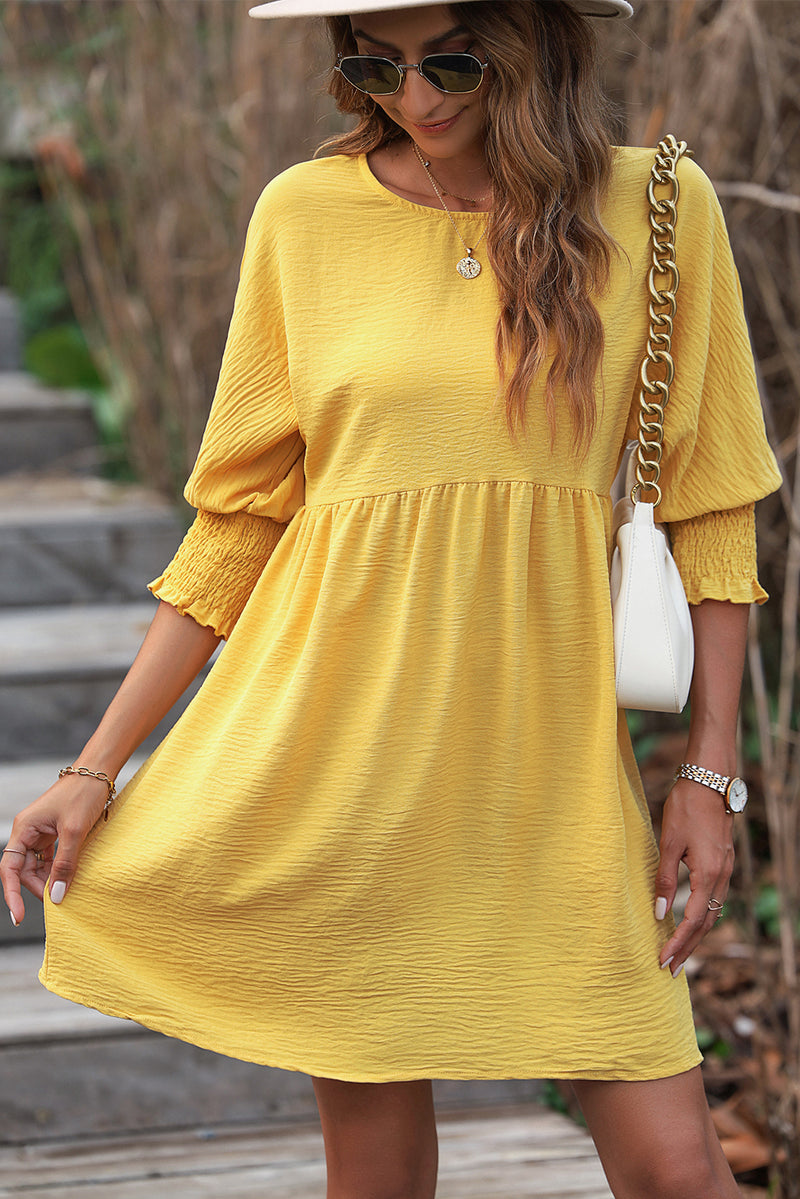 Yellow Solid Shirred Cuffs Short Swing Dress