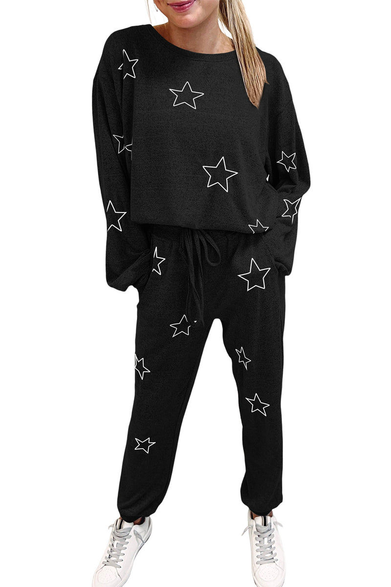 Black Stars Print Long Sleeve Drawstring High Waist Lounge Set