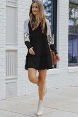 Black Striped Leopard Patchwork Long Sleeve Mini Dress