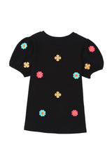 Black Embroidered Flower Short Puff Sleeve Tee