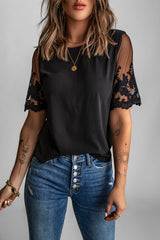 Black Floral Lace Sleeve Patchwork Top