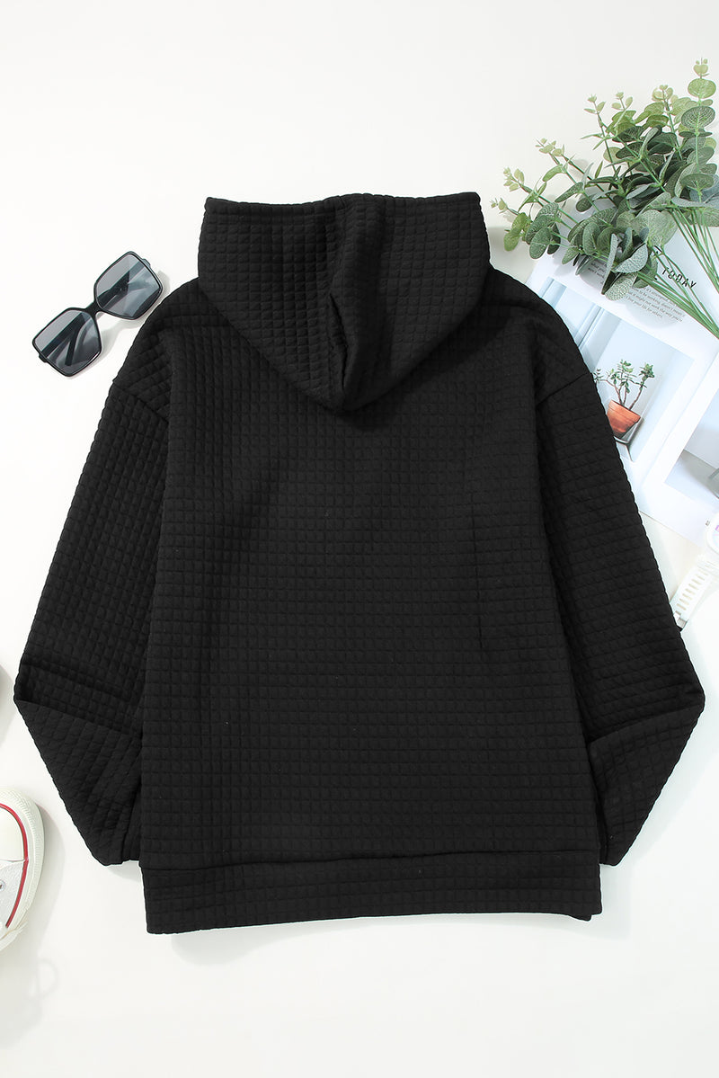 Black Quilted Kangaroo Pocket Drawstring Hoodie