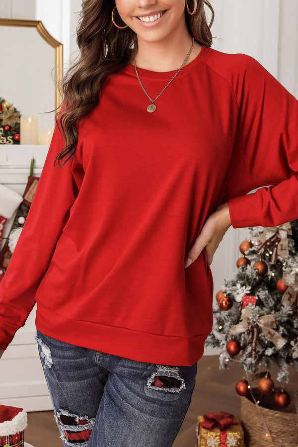 Fiery Red Solid Round Neck Raglan Sleeve Sweatshirt