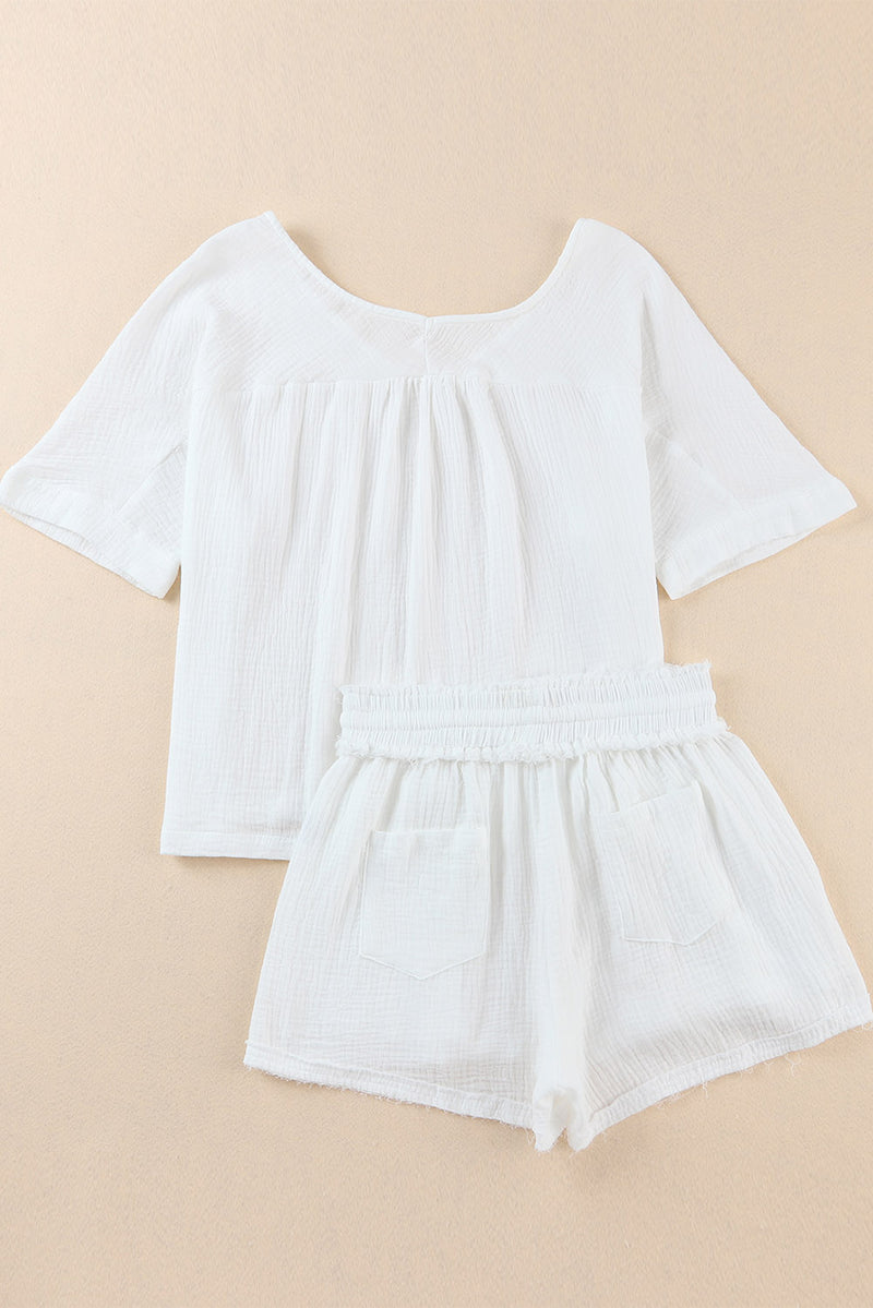 White Relaxed V Neck Blouse and Drawstring Raw Hem Shorts Set