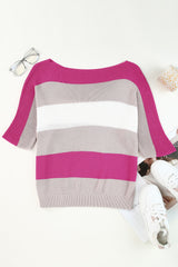 Rose Contrast Stripe Knit Half Sleeve Sweater