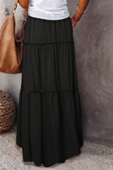 Black Frill Tiered Drawstring Waist Maxi Skirt