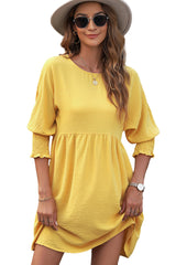 Yellow Solid Shirred Cuffs Short Swing Dress