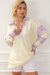 Yellow Colorblock Striped Split Neck Collared Sweatshirt