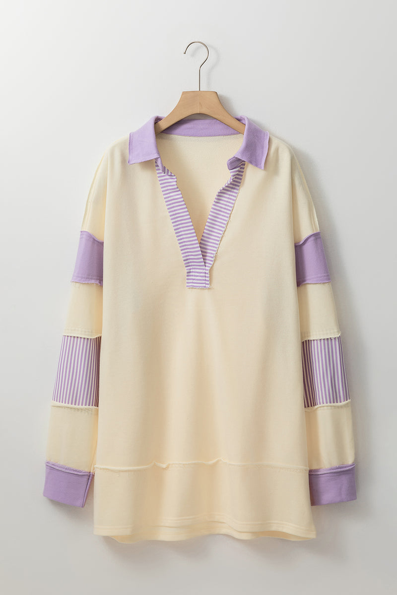 Yellow Colorblock Striped Split Neck Collared Sweatshirt