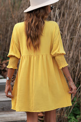 Yellow Solid Shirred Cuffs Short Swing Dress