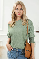 Green Smocked 3/4 Sleeve Casual Loose Top