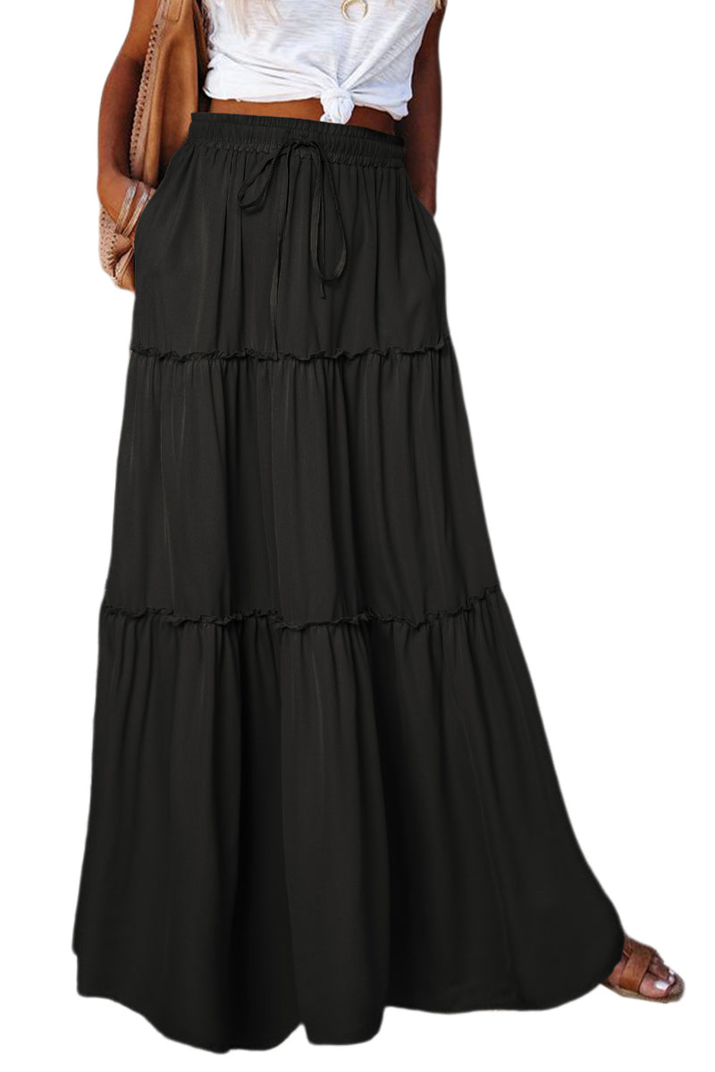 Black Frill Tiered Drawstring Waist Maxi Skirt