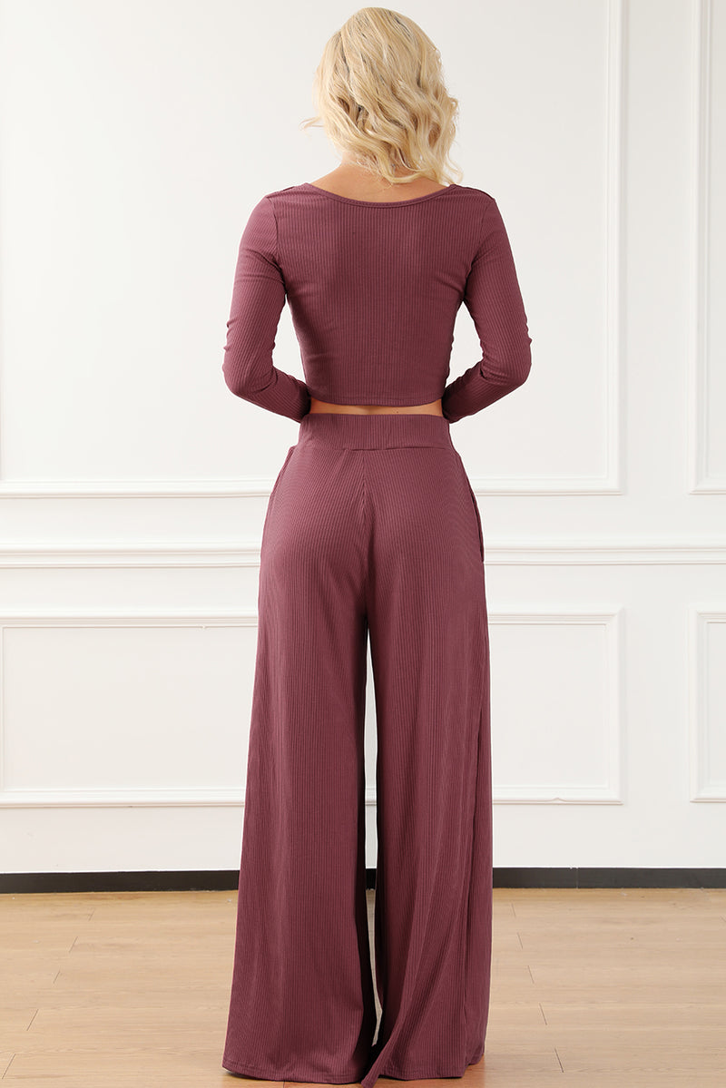 Solid Color Ribbed Crop Top Long Pants Set