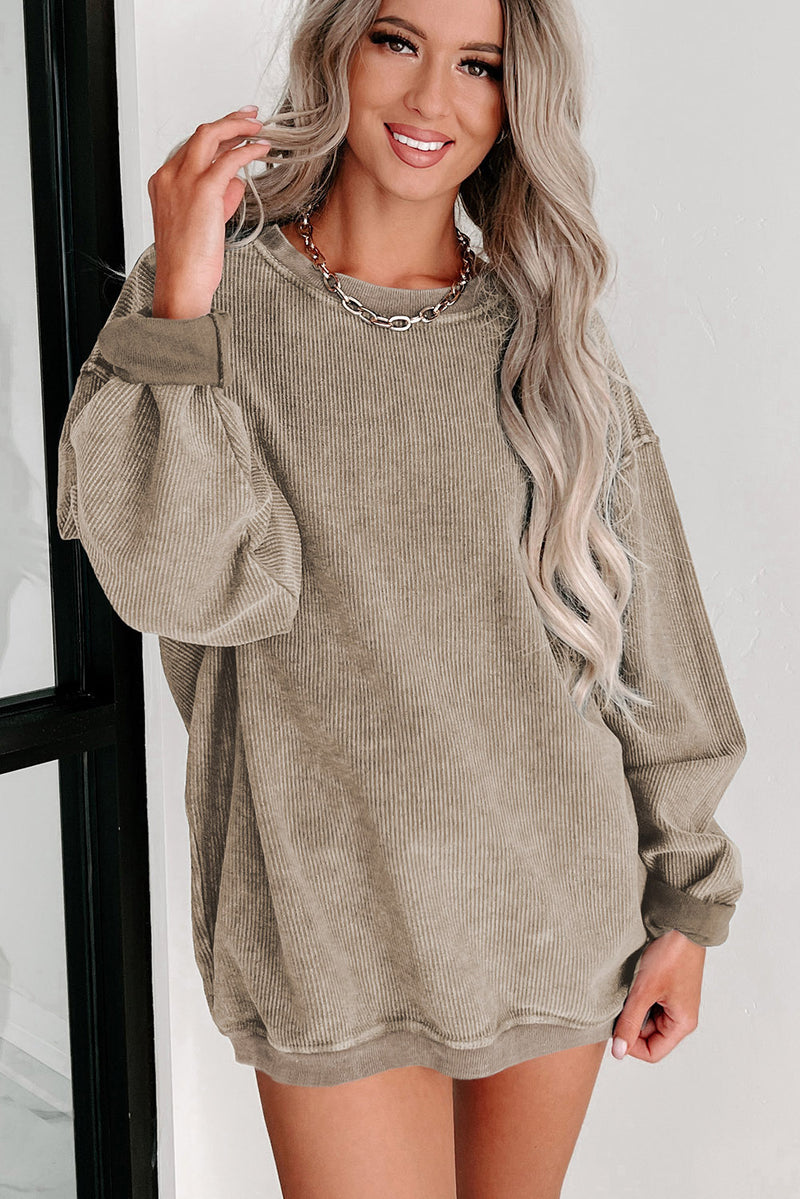 Khaki Solid Ribbed Knit Round Neck Pullover Sweatshirt