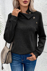 Black Asymmetric Buttons Detail High Neck Textured Sweatshirt